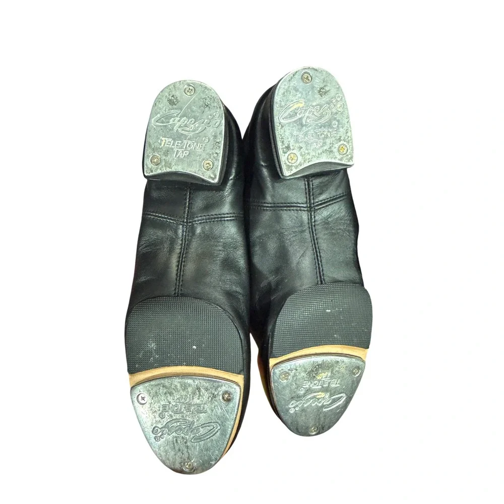 Capezio TeleTone Tap Shoes‎ Black Leather Lace Up Kids Size 7.5